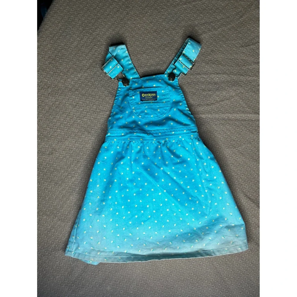 OshKosh Bgosh 70s Girls Blue Floral Denim Overall Jumper Dress Size 4 Vintage